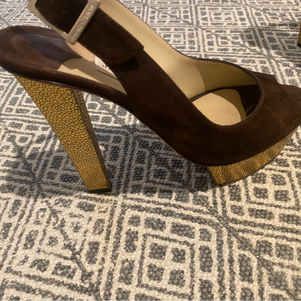Jimmy Choo brown suede/gold metallic heel pumps, sz 37.5